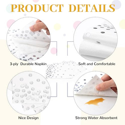 80 Pack of White Paper Cocktail Napkins with Gold Foil Polka Dot Confetti，Polka Dot Party Supplies(5 x 5 in，3-ply) (Silver) - style: Silver Dot