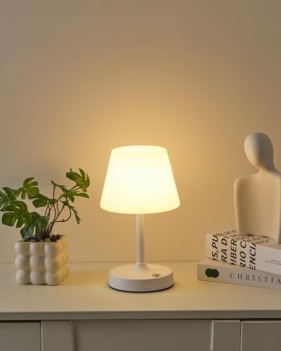 PUSU Cordless LED White Small Table Lamp, Waterproof Shower Desk lamp - color: Matte White (Metal + PE Plastic)
