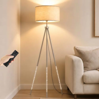 JOOFO Modern Metal Tripod Floor Lamp with Remote, 16.5" Linen Shade - color: Brushed Nickel