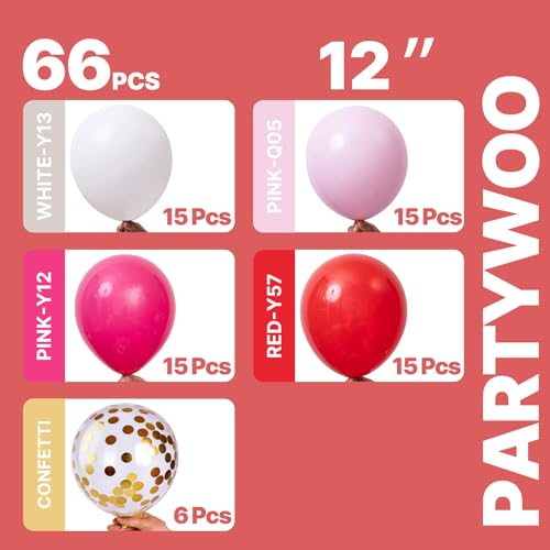 PartyWoo Pink and Red Balloons 66pcs 12 Inch Pink Red White Gold Balloons - color: Red-2863