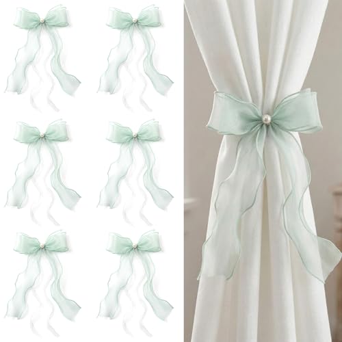 White Lace Bow Curtain Tiebacks 6-Pack, Vine Floral Curtain Holdbacks - color: Sage Green