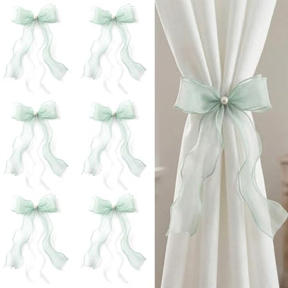 White Lace Bow Curtain Tiebacks 6-Pack, Vine Floral Curtain Holdbacks - color: Sage Green