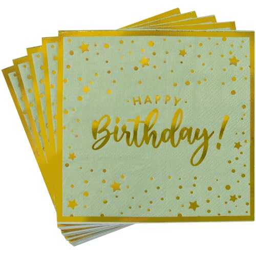 Vuzvuv 52 Pack Happy Birthday Cocktail Napkins with Confetti Gold Stamping - Birthday Party Dinner Hand Napkin for Party Supplies Decorations Table Decor for women man(5" Folded 3 Ply-Sage Green) - color: Confetti HBD Sage Green