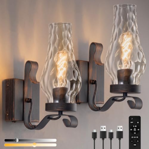 Vintage Battery Operated Wall Sconces Set of 2, Rustic Wall Lights - color: Water Ripple Retro Black