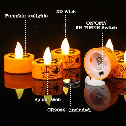 GenSwin Pumpkin Spiderweb Halloween Flameless Candle Battery Operated Timer - color: 12-Orange