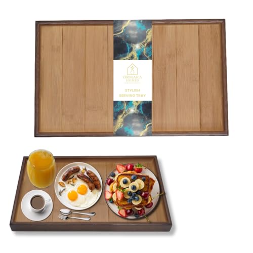 Bamboo Serving Tray with Handles (16 Inches) - Wooden Ottoman Tray for Coffee Table, Breakfast in Bed, Charcuterie - Decorative Food Tray for Living Room, Kitchen and Home Decor