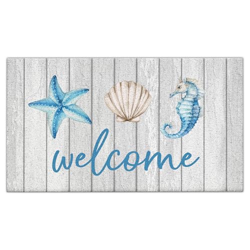 Jvpke Beach Welcome Mat for Front Door, White Beach Door Mat, Starfish Seashell Seahorse Beachy Door Mats Indoor Outdoor Entrance Porch, Ocean Beachy Baths Mats for Bathroom, 17x30 Inches - color: White Beach Welcome