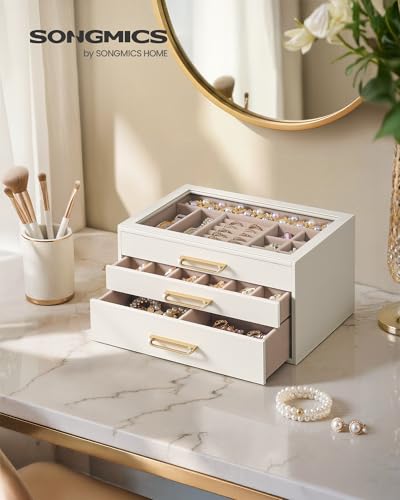SONGMICS 3-Layer Jewelry Box with Glass Window, 3 Drawers, Golden Handles - color: Cream White, size: 3-Tier