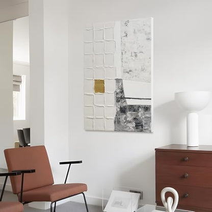 Modern Textured Abstract Blocks Wall Art, Gray White Oil Painting Artwork - color: White and Gray, size: 24"L x 36"W