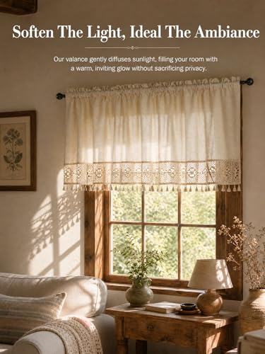 Molaxhome Linen Valances for Windows Boho Kitchen Valance Window Treatments - color: Beige, size: 59"W x 24"L (Pack of 1)