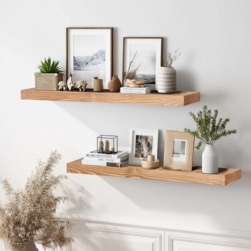 Solid Wood Floating Shelves, 36 Inch Wall Shelves, Set of 2, Oak - color: Oak, size: 36x8x1.6