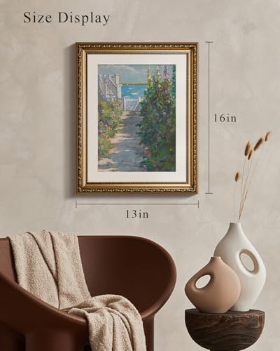 VIYYIEA Gold Framed Coastal Garden Wall Art Canvas Painting, 13×16 Inch - color: Coastal Garden Painting, size: 16"L x 13"W