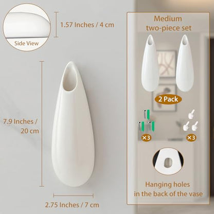 White Ceramic Wall Vases, Set of 2, 7.9 Inch, Teardrop Design - color: 2pcs-medium