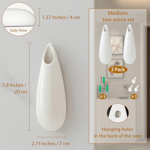 White Ceramic Wall Vases, Set of 2, 7.9 Inch, Teardrop Design - color: 2pcs-medium