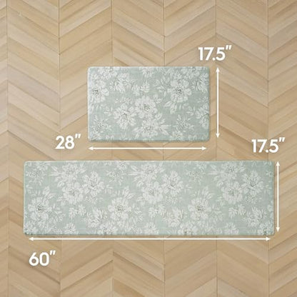 Laura Ashley - Anti-Fatigue Kitchen Mat, Iris Floral Design, Stain, Water & Fade Resistant, Cooking & Standing Relief, Non-Slip Backing, 2 Piece Set: 17.5" x 60" / 17.5" x 28" Sage Green Iris - color: Sage Green, size: 60"L x 17.5"W / 28"L x 17.5"W