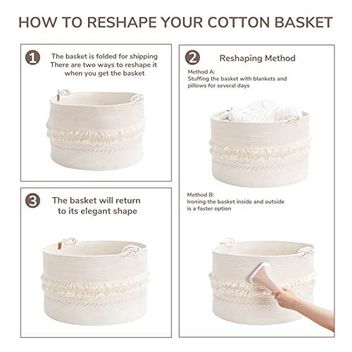 CherryNow 90L Large Woven Rope Blanket Basket with Tassel, 22" x 14", White - color: Off-white, size: 83L (22"W x 14"H)