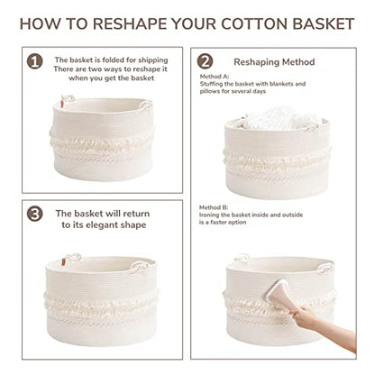 CherryNow 90L Large Woven Rope Blanket Basket with Tassel, 22" x 14", White - color: Off-white, size: 83L (22"W x 14"H)