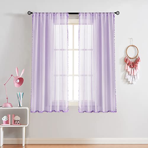 Purple Pom Pom Sheer Curtains for Kid's Room 52x63" Voile Drape Lilac 2pc - color: Lilac, size: 52"W x 63"L (Pack of 2)