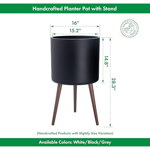 D'vine Dev 16 Inch Planter Pot with Wood Stand, Black, 88-O-E-2 - color: Matte Black, size: XX-Large