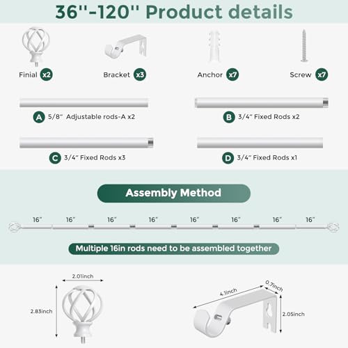 VOIIY White Curtain Rod 36-120 Inch, Adjustable Curtain Rods for Windows - color: White, size: 36"-120"|1 Pack