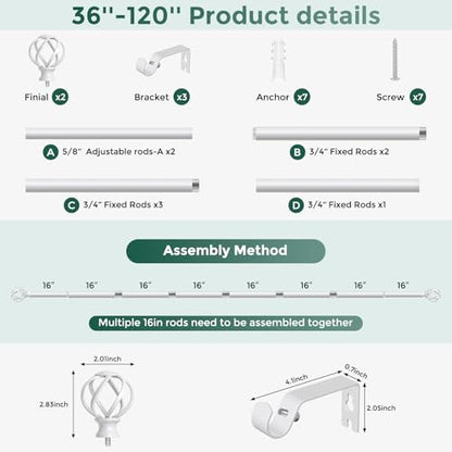 VOIIY White Curtain Rod 36-120 Inch, Adjustable Curtain Rods for Windows - color: White, size: 36"-120"|1 Pack