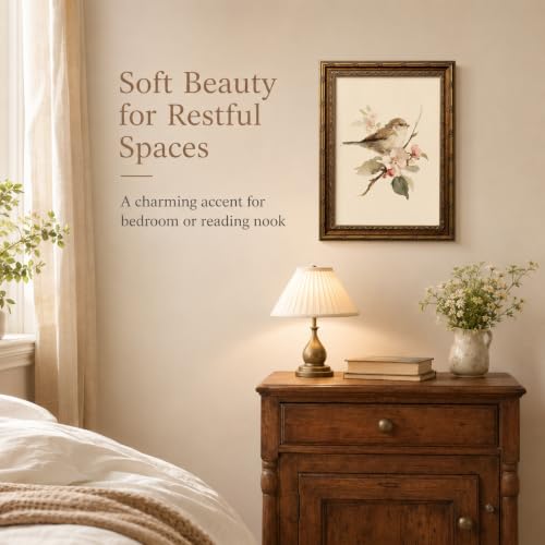 Gold Framed Bird Wall Art, Vintage Sparrow and Blossoms Canvas, 12x16in - color: neutral color, size: 24"L x 16"W