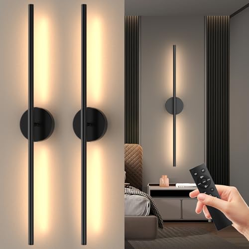 Tartek Battery Operated Wall Sconces Set of Two, Rechargeable Wall Lights with Remote Control, Dimmable 3000K-6000K LED Wall Lamp, 360°Rotate, Long Wireless Sconces for Living Room, Bedroom - color: Black
