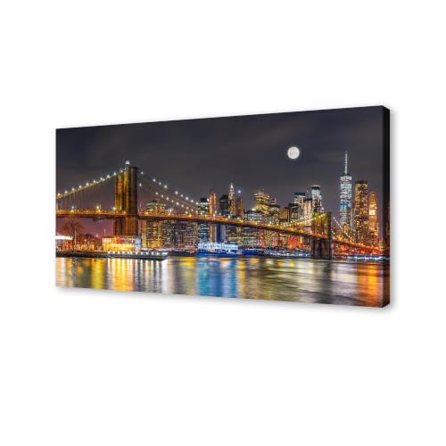 Brooklyn Bridge Night Skyline Canvas Wall Art New York Poster - color: Colorful, size: 48"L x 24"W