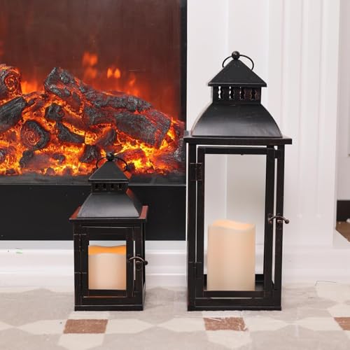 LED 랜턴 장식 야외 및 실내, 2개 세트 (43.2cm(17인치) 및 27.9cm(11인치)) 대형 블랙 메탈 랜턴 장식, 브론즈 브러시 포함, 현관, 파티오, 정원, 발코니, 웨딩 장식용 캔들 홀더(유리 없음) - color: 블랙 브러시 포함 / 43.2cm(17인치)+27.9