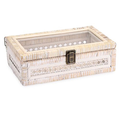Hipiwe Handwoven Rattan and Wood Display Box with Clear Lid, Whitewash - color: Whitewash Color, size: X-Small, 9.8"x5.9"x3.1"