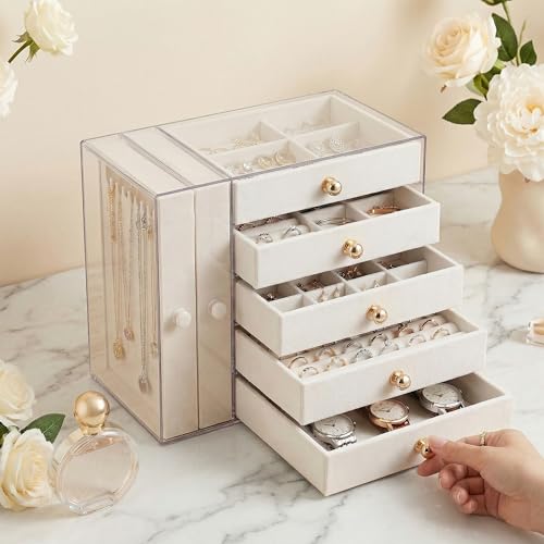 Jewelry Organizer with Clear Acrylic Display and Drawers, Dust-Protected Jewelry Storage Box for Necklaces, Earrings, Rings & Bracelets, Elegant Tabletop Organizer for Vanity, Bedroom or Desk, Ivory - color: Ivory
