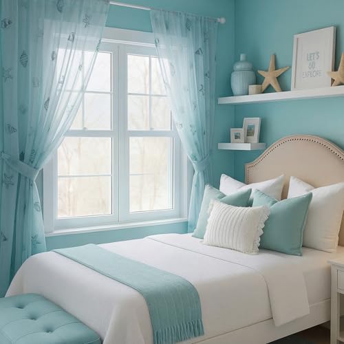 Tegeme 2 Panels Blue Ocean Sheer Curtains for Bedroom 84 Inch - color: Blue, style: Ocean