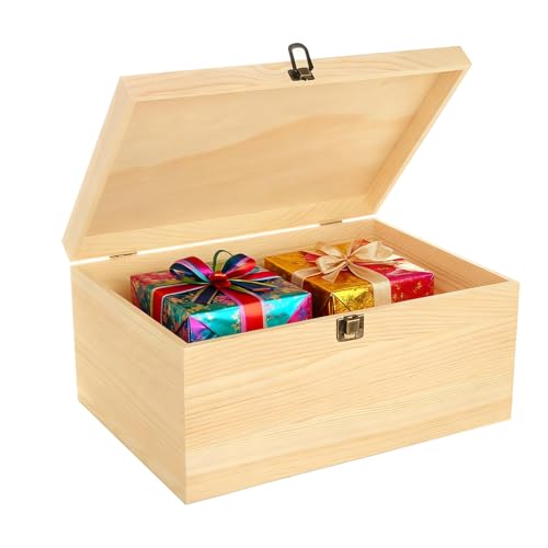 YAYODS Wooden Box with Hinged Lid, 13.7 x 9.8 x 6.7 Inch Large Wood Storage Box, Unfinished Wooden Keepsake Box for Crafts Art and DIY Hobbies, Jewelry, and Home Storage