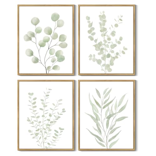 Drsoum Botanical Plant Framed Wall Art Boho Wall Decor for Bathroom Sage Green Eucalyptus Leaf Prints Minimalist Aesthetic Ready to Hang Set of 4, 8x10 in (Natural Framed) - color: Natural, Natural Framed, size: 8''x 10''x 4pcs
