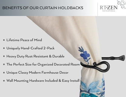 RTZEN Decorative Metal Curtain Tiebacks - Farmhouse Wrought Iron Curtain Holdbacks - Drapery Holders for Wall - Unique Metal Tie Backs for Curtains - 2 Pcs (Black Loophole) (Pack of 2) - size: Medium (Pack of 2), style: Loophole