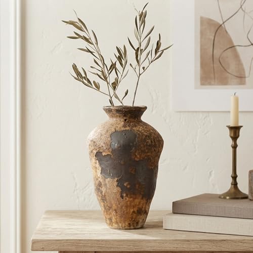 Small Stone Vase for Rustic Home Decor, Farmhouse Antique Pottery Vase Furniture&Table Flower Decorative, Round Terracotta Vases for Living Room Decor, Modern Rustic Concrete Clay Art Vases - size: Large
