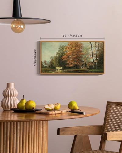 SHENIFY Vintage Framed Wall Art Countryside River Landscape Painting Retro Fall Scenery Farmhouse Kitchen Living Room Decor - 8x16in Natural Framed - color: Countryside River, size: 16"L x 8"W