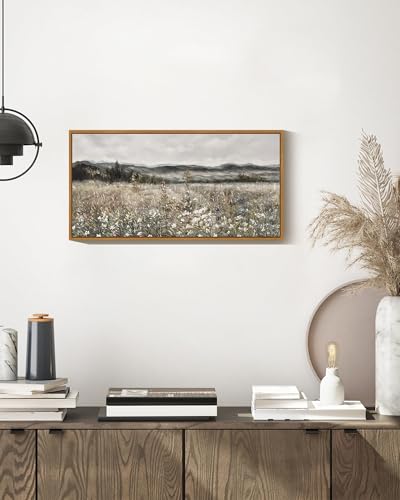 SHENIFY Vintage Framed Wall Art Meadow with Flowers Landscape Painting Retro Scenery Farmhouse Bedroom Living Room Decor - 8x16in Natural Framed - color: Flower Meadow, size: 16"L x 8"W