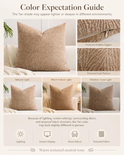 Throw Pillow Covers 24x24 Inch Set of 2, Textured Leaf Style, Tan - color: Tan, size: 24" x 24" (Pack of 2)