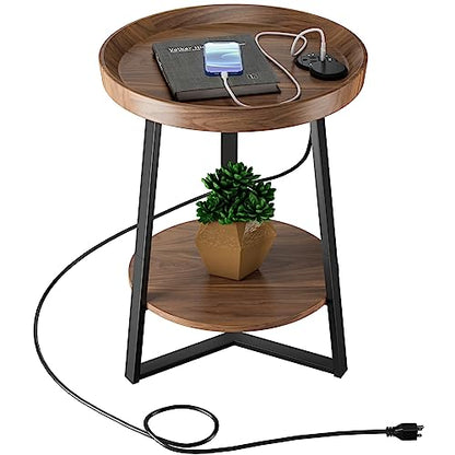 Gadroad Round End Table with Charging Station, Brown - color: Brown, size: 15.75"D x 15.75"W x 23"H (with Charging Station)