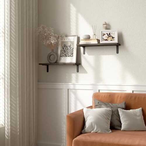 RICHER HOUSE Rustic Wood Floating Shelves, 2-Set Wall Mounted Shelves, 16In - color: Deep Brown