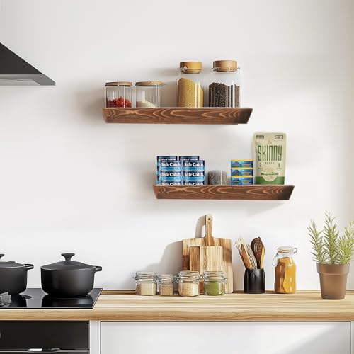 16x6.8x1.6in Slanted Solid Wood Floating Wall Shelves 2-Pack Brown - color: Brown, size: 16"-Set of 2