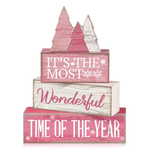 Moucuny 4 Pcs Christmas Table Decoration Wooden Pink Wooden Christmas Tree - style: It’s the Most Wonderful Time of the Year