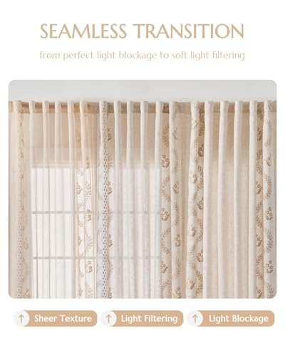 jinchan Floral Linen Curtains, Back Tab 50x96 Inch, 2 Panels Beige - color: S | Beige, size: 50"W x 96"L (Pack of 2)