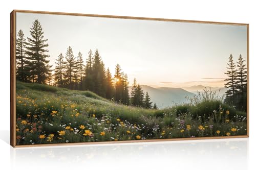 FWIEXA Green Forest Mountain Framed Canvas Wall Art Set, Wildflower Meadow Wall Decor, Floral Pictures Artwork, Nature Sunset Landscape Art Prints for Living Room, Bedroom, Office - Size 20"x40" - color: Meadow Forest, size: 40"L x 20"W