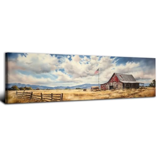Old Barn Wall Art Rustic Farmhouse Country Landscape Pictures for Living Room Bedroom Decor Rural USA Barn Panoramic Painting Farm Scene Canvas Prints Countryside Artwork Office Home Decoration 14x48" - color: Red Barn