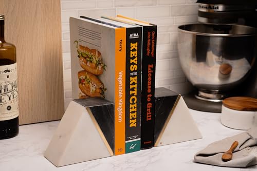 Cork & Mill Marble Bookends with Gold Brass, Grey and White, Set of 2