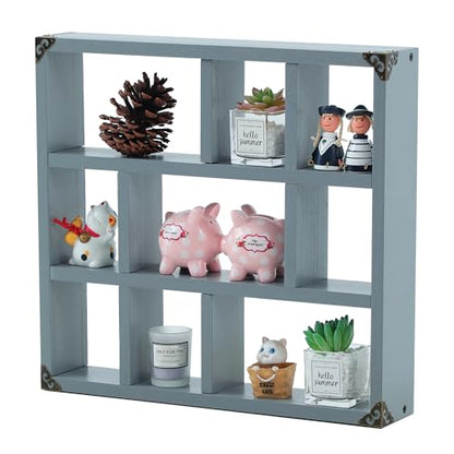 17.7x15.7-Inch Shadow Box Shelf 9-Slot Rustic Floating Shelves Larger Wall Mounted Shelf Lightweight Solid Wood Display Shelf Freestanding Farmhouse Shelf (9C-Dark Gray) - color: 9c-dark Gray, size: 1 PCS