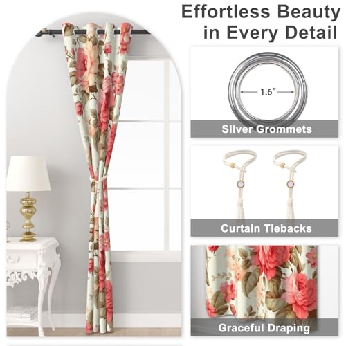 Pink Rose Blackout Curtains for Girls Room and Nursery, Floral Living Room Darkening Curtains 84 Inch Long 2 Panels Set, Spring and Summer Soundproof Thermal Insulated Bedroom Curtains with Tiebacks - color: Pink Peonies