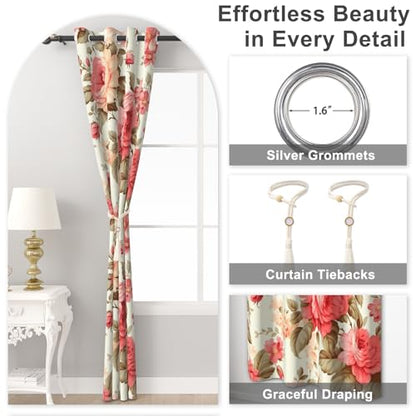 Pink Rose Blackout Curtains for Girls Room and Nursery, Floral Living Room Darkening Curtains 84 Inch Long 2 Panels Set, Spring and Summer Soundproof Thermal Insulated Bedroom Curtains with Tiebacks - color: Pink Peonies